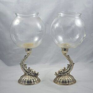 Vintage Dragon Koi Fish Decorative Brass Candle Holder Dolphin Globe Glass Bowl